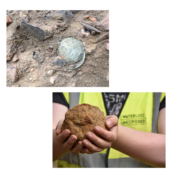 A Scots Guard Button found at Hougoumont, still in the ground. A veteran holds a large 6 pound cannonball found at Mont Saint Jean