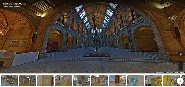 A screenshot of the virtual tour of the Natural History Museum, showing the dinosaur skeleton in the entrance hall